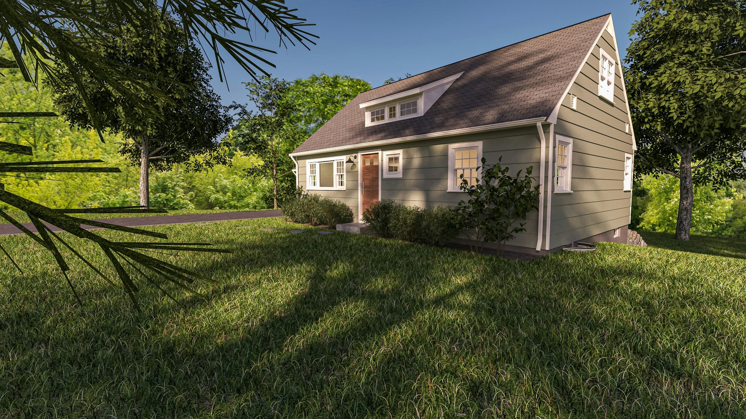 GREY HOUSE WITH BROWN DOOR SURROUNDED BY GRASS AND TREES 